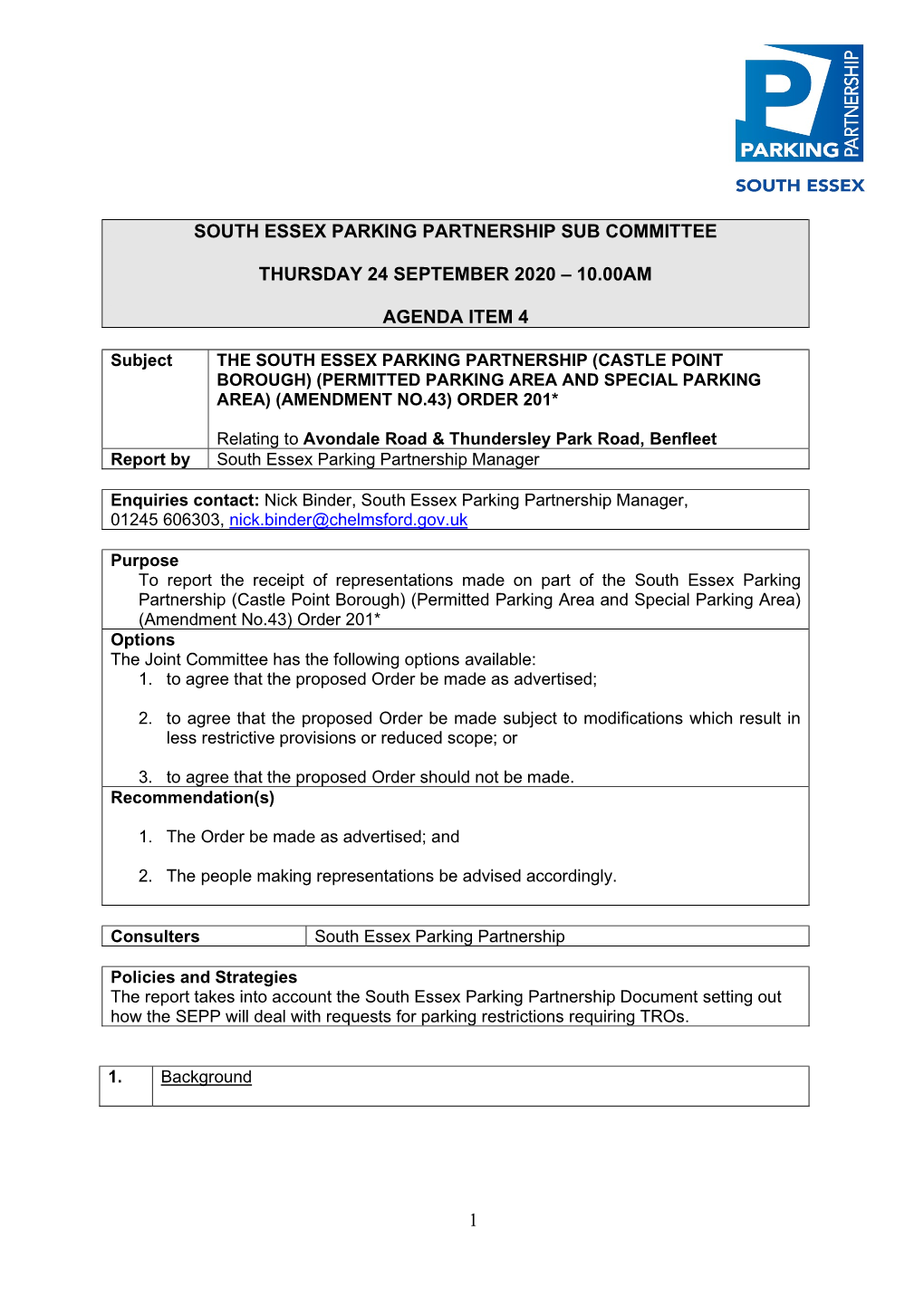 1 South Essex Parking Partnership Sub Committee