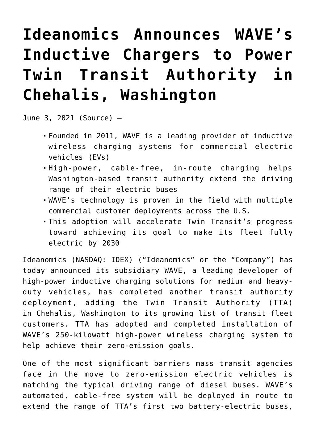 S Inductive Chargers to Power Twin Transit Authority in Chehalis, Washington