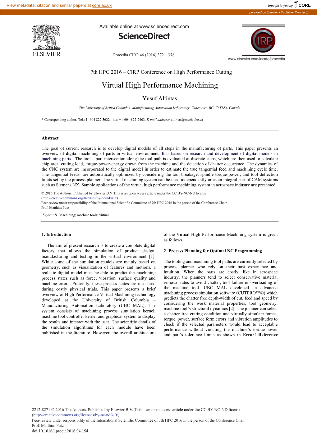 Virtual High Performance Machining