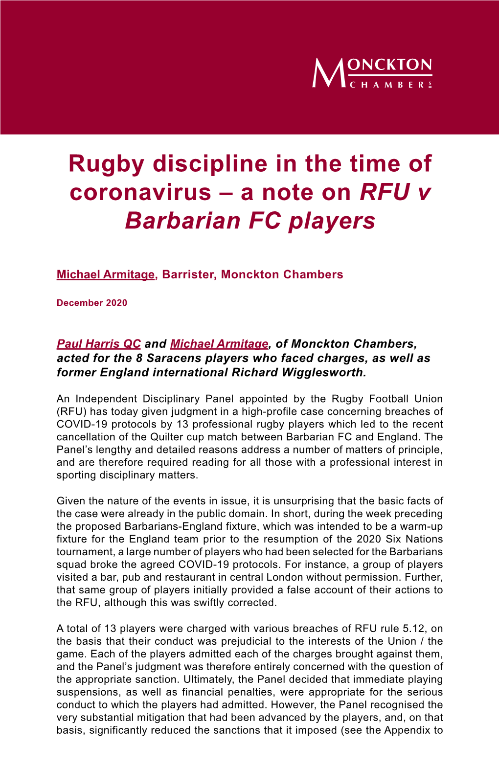 A Note on RFU V Barbarian FC Players