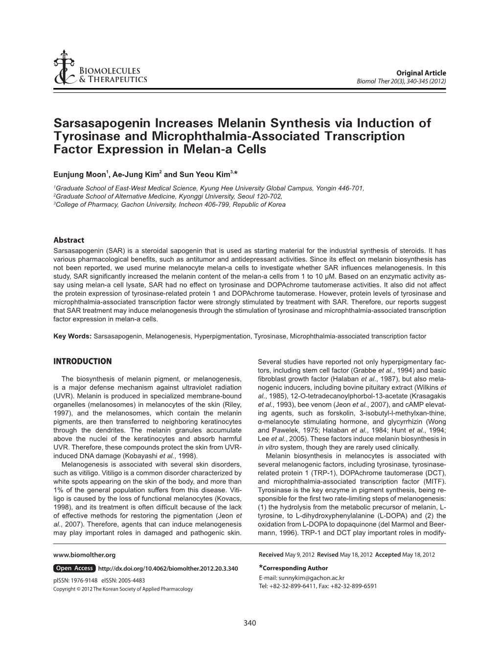 Sarsasapogenin Increases Melanin Synthesis Via Induction of Tyrosinase and Microphthalmia-Associated Transcription Factor Expression in Melan-A Cells