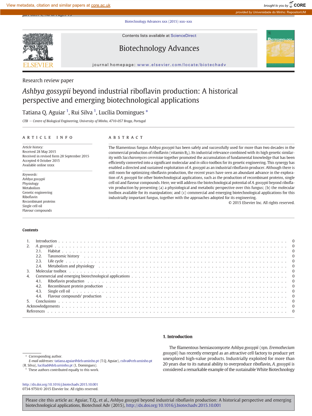 Ashbya Gossypii Beyond Industrial Riboflavin Production