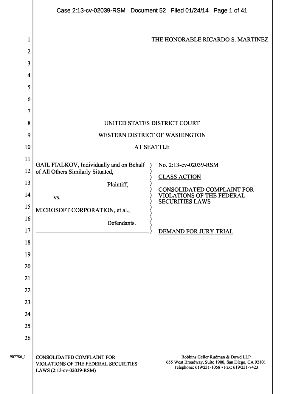 Gail Fialkov , Et Al. V. Microsoft Corporation, Et Al. 13-CV-02039