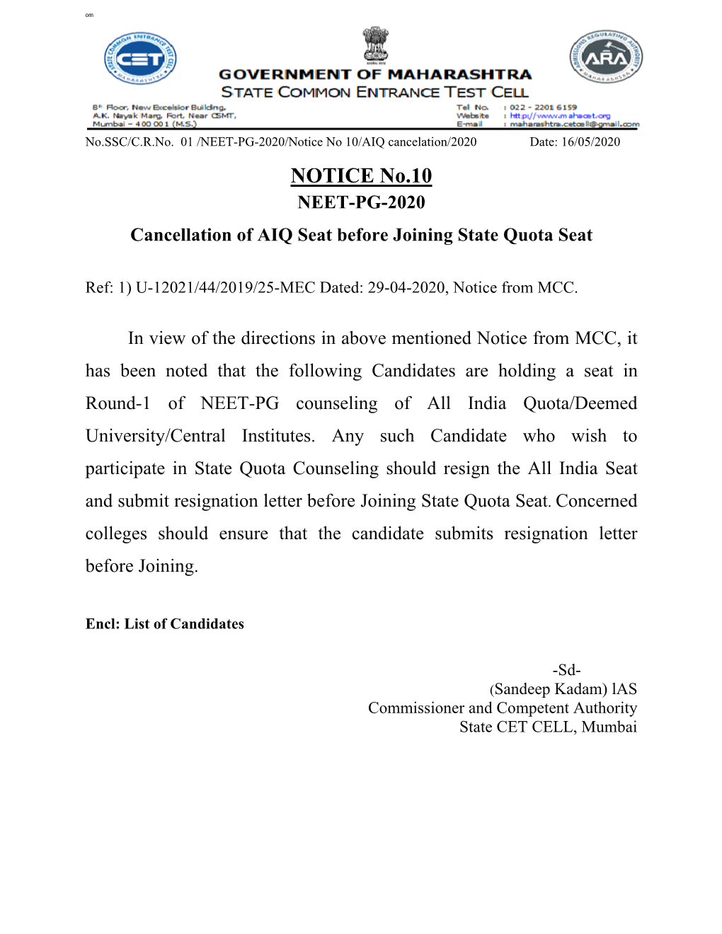 Notice No 10 Cancellation of AIQ Seat Before Joining State Counseling Seat
