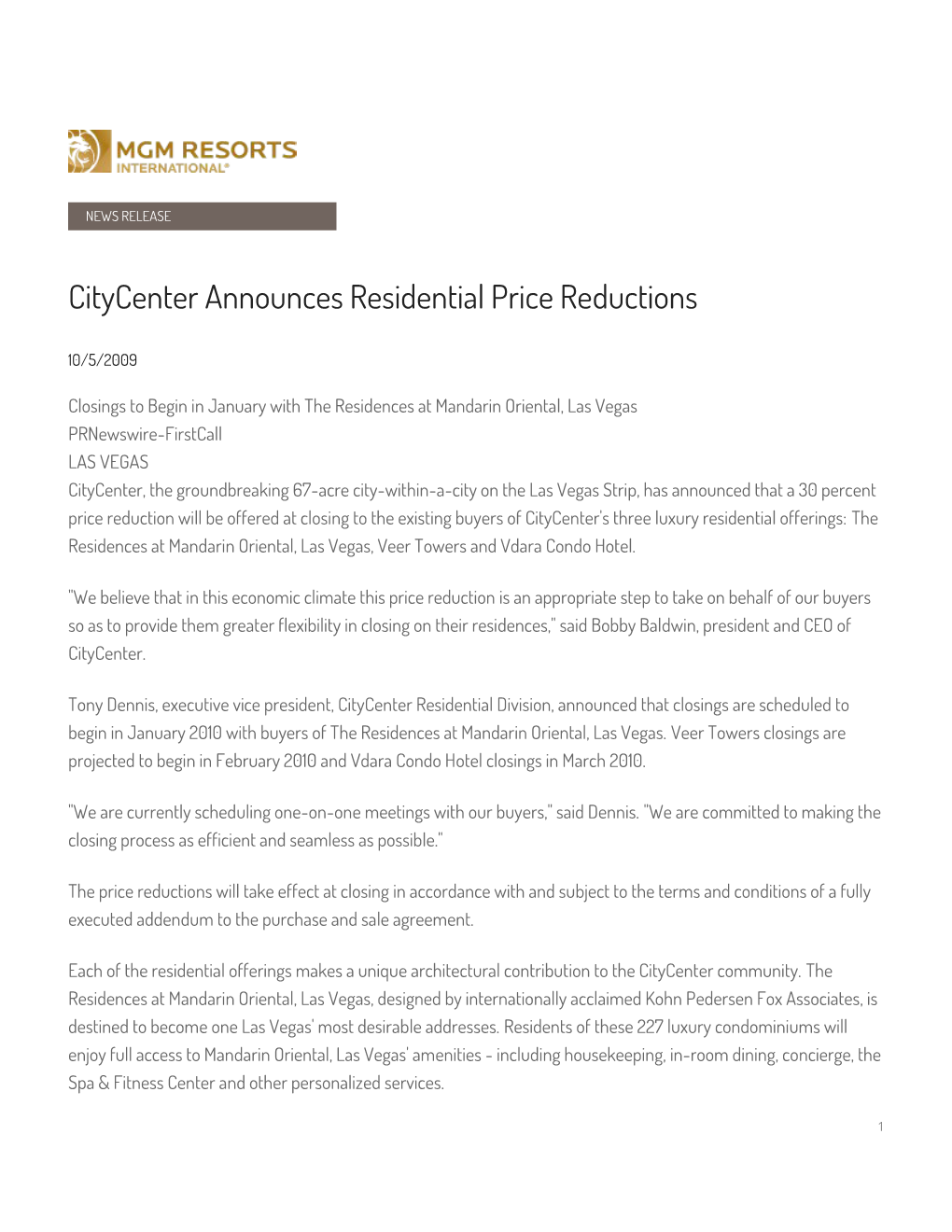 Citycenter Announces Residential Price Reductions