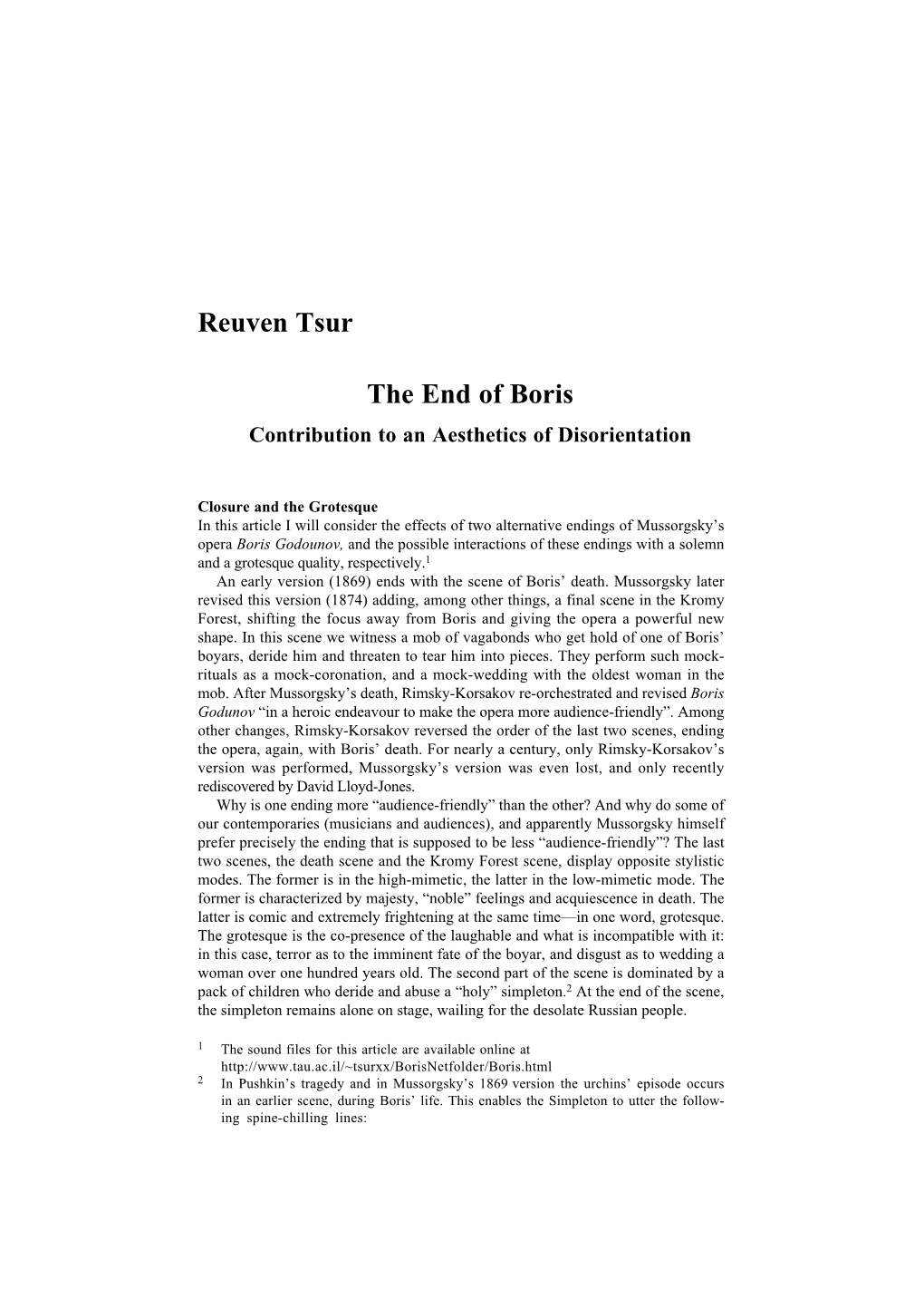 Reuven Tsur the End of Boris