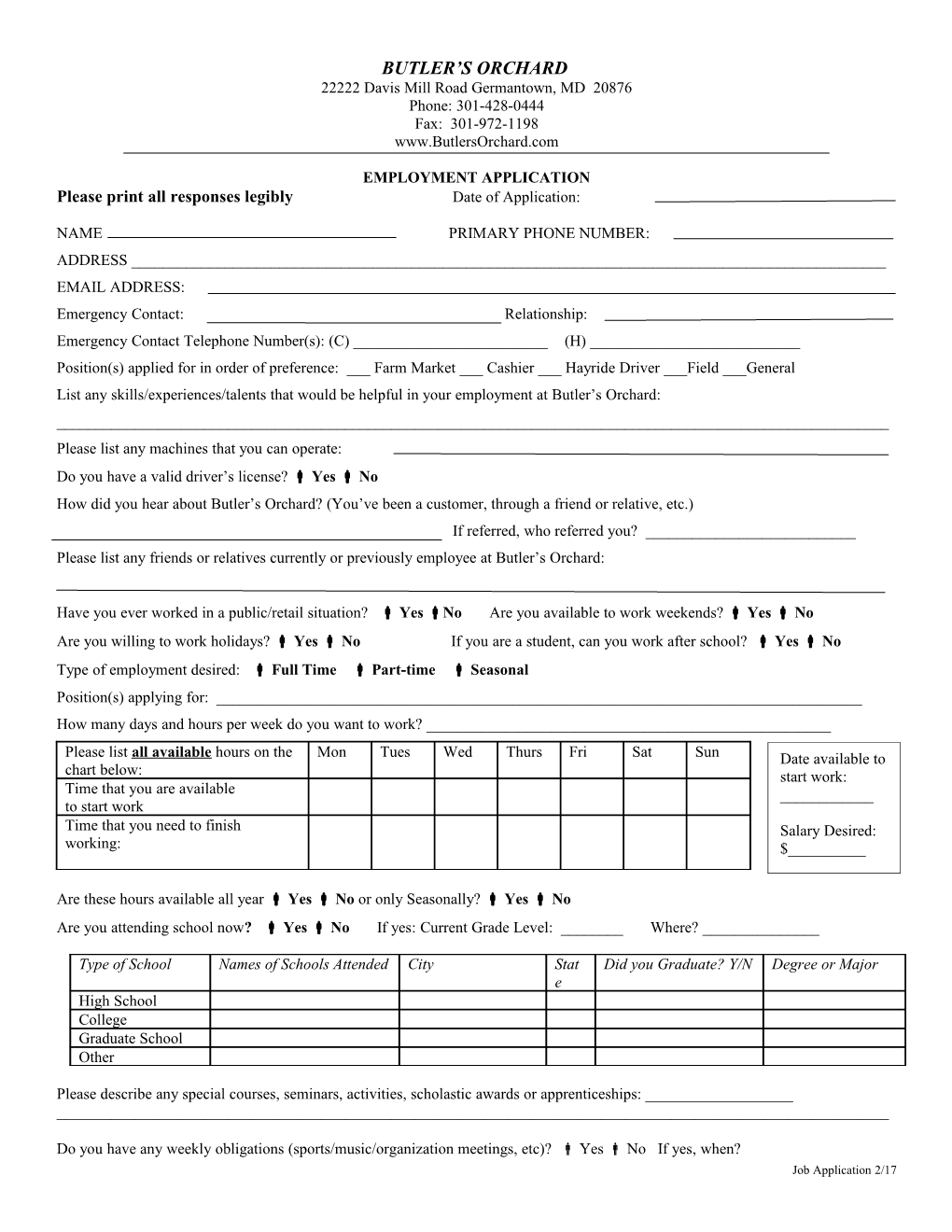 Butler S Orchard Employment Application