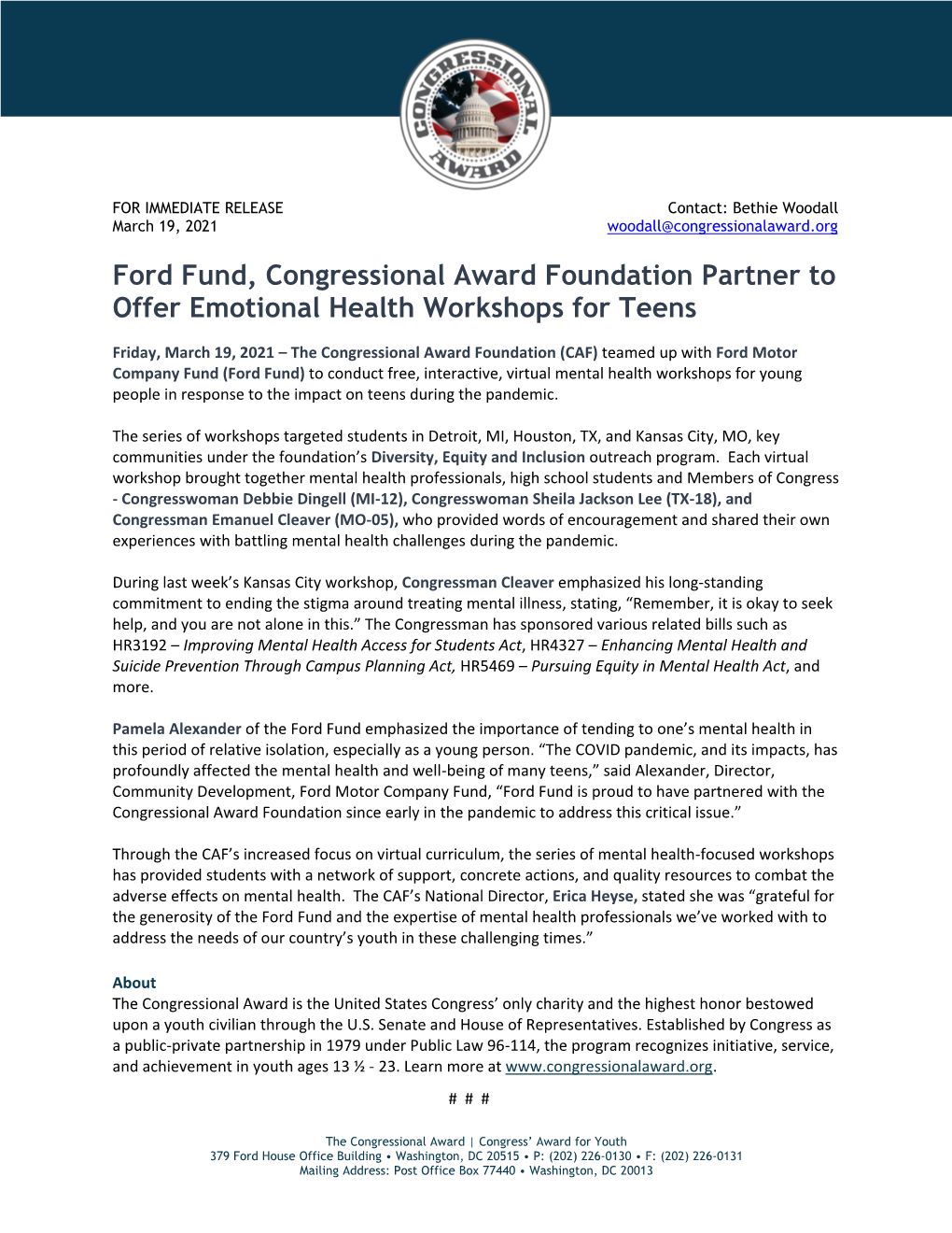 Ford Fund, Congressional Award Foundation Partner to Offer Emotional Health Workshops for Teens