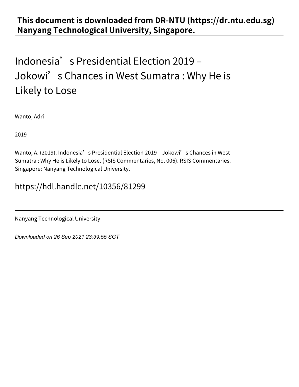 Indonesia's Presidential Election 2019 – Jokowi's Chances in West Sumatra