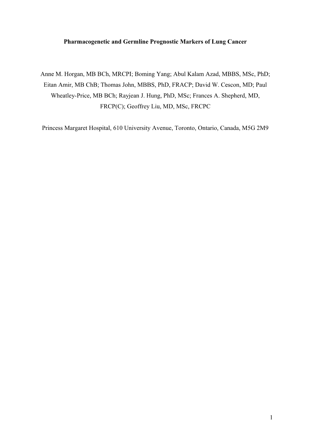 Pharmacogenetic and Germline Prognostic Markers of Lung Cancer