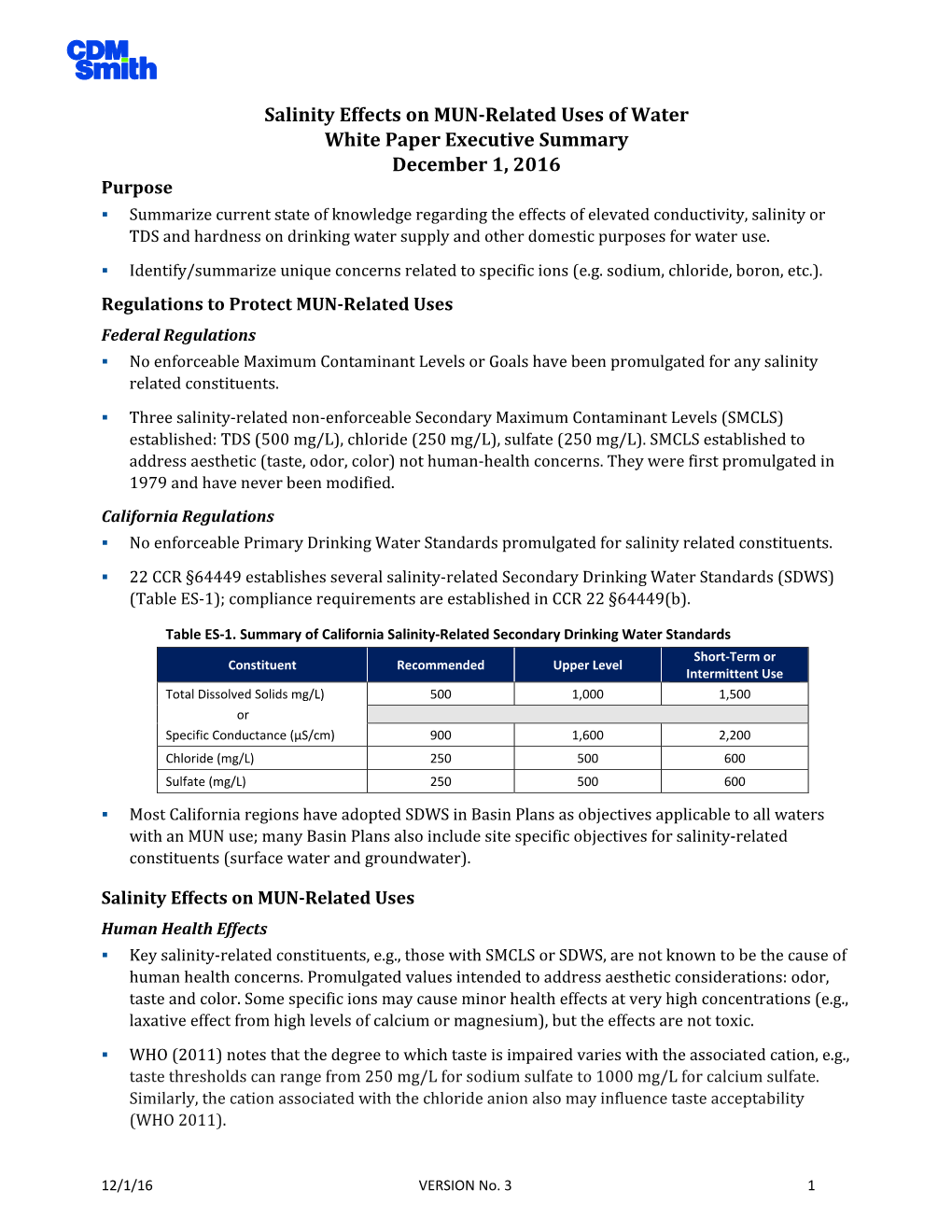 Salinity Effects on MUN-Related Uses of Water White Paper Executive Summary December 1, 2016