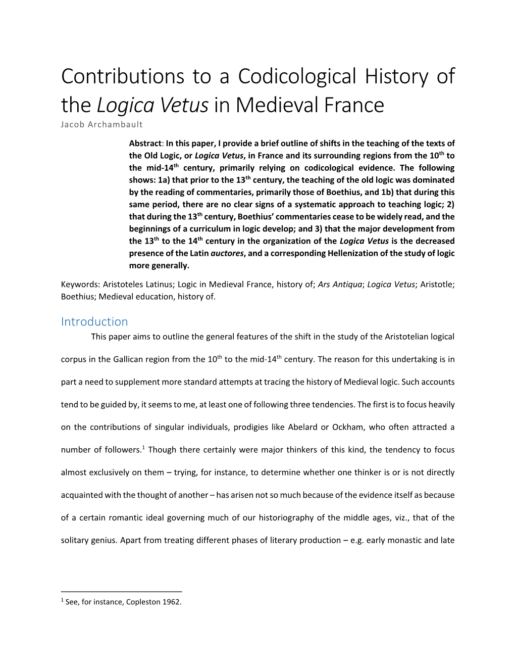 Logica Vetus in Medieval France Jacob Archambault