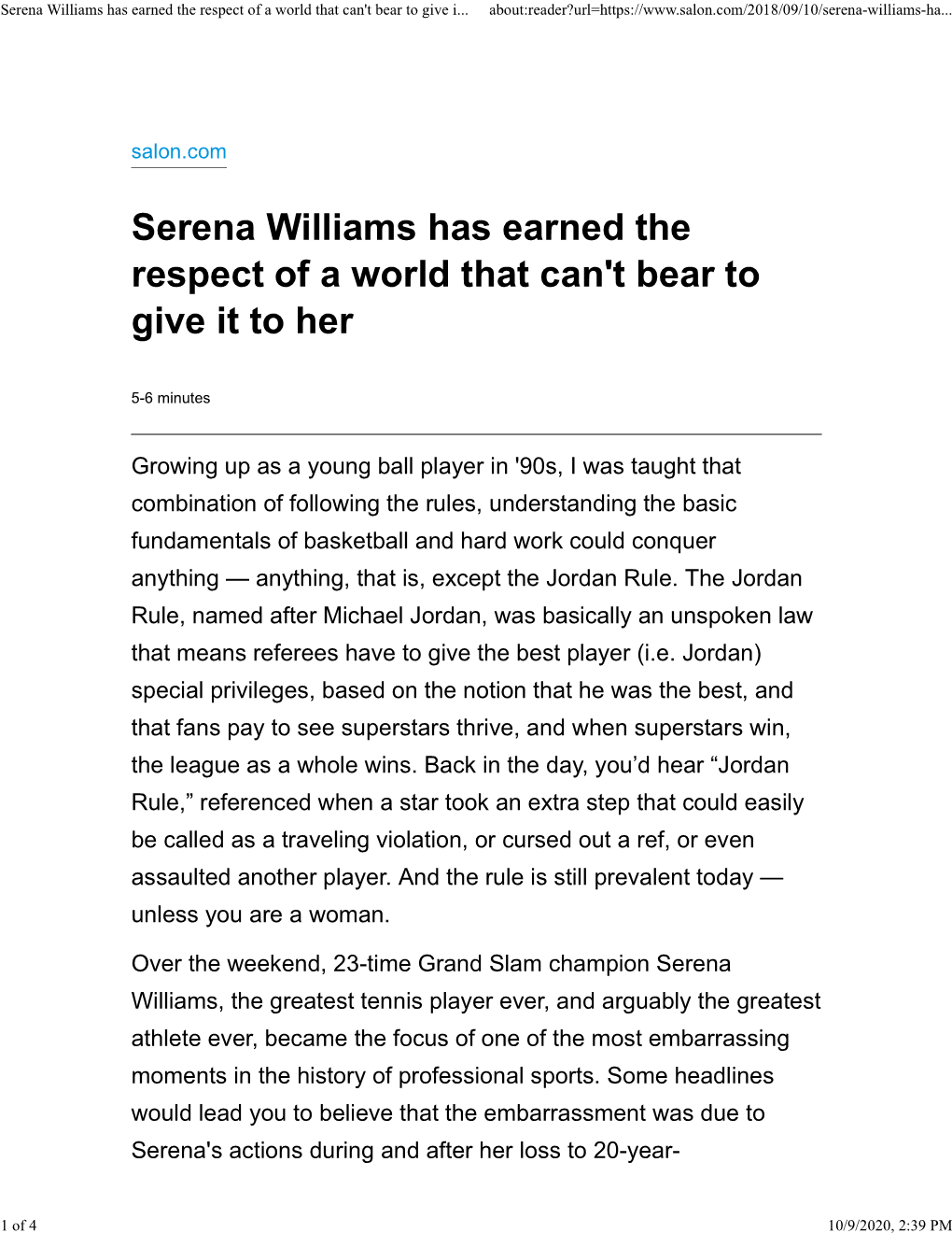 Serena Williams Has Earned the Respect of a World That Can't Bear to Give I