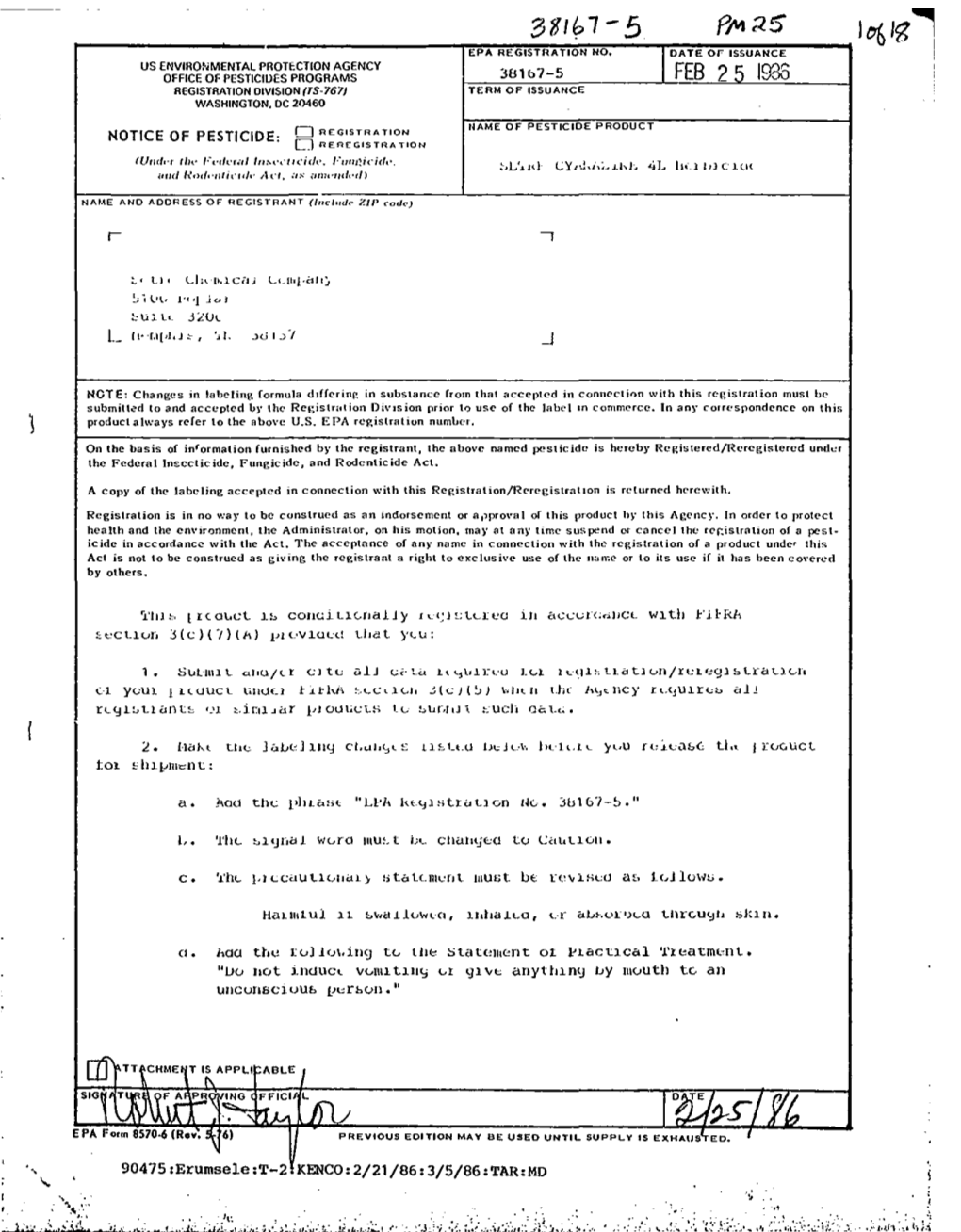 U.S. EPA, Pesticide Product Label, , 02/25/1986