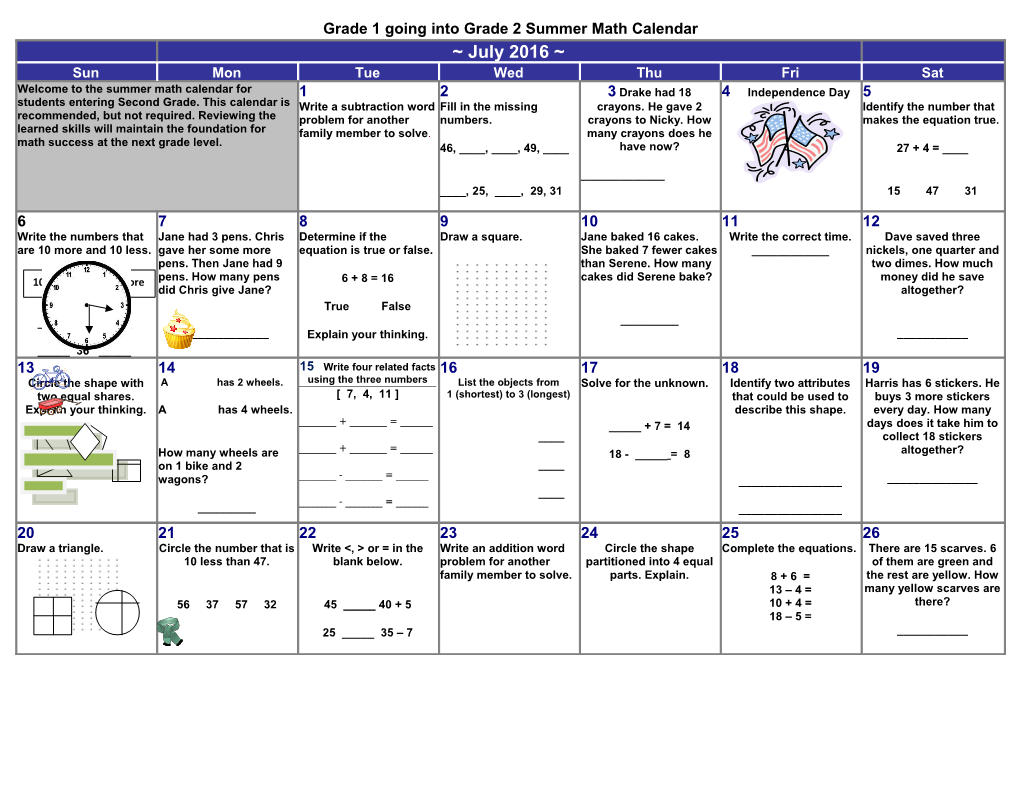 July Calendar with US Holidays2013 s2