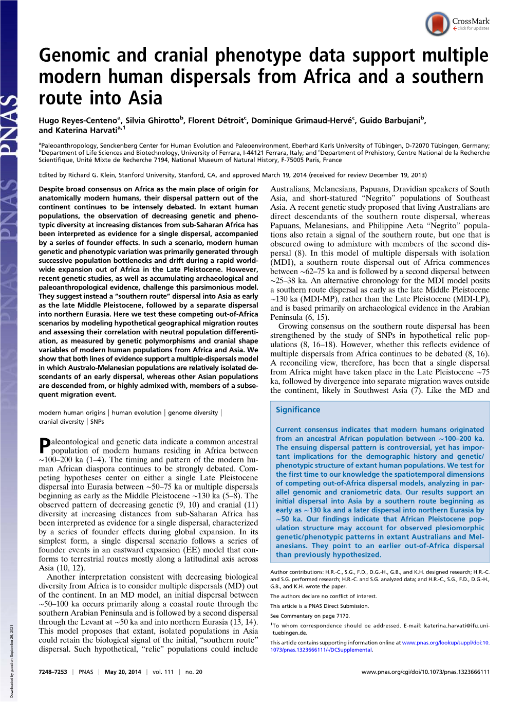 Genomic and Cranial Phenotype Data Support Multiple Modern Human Dispersals from Africa and a Southern Route Into Asia