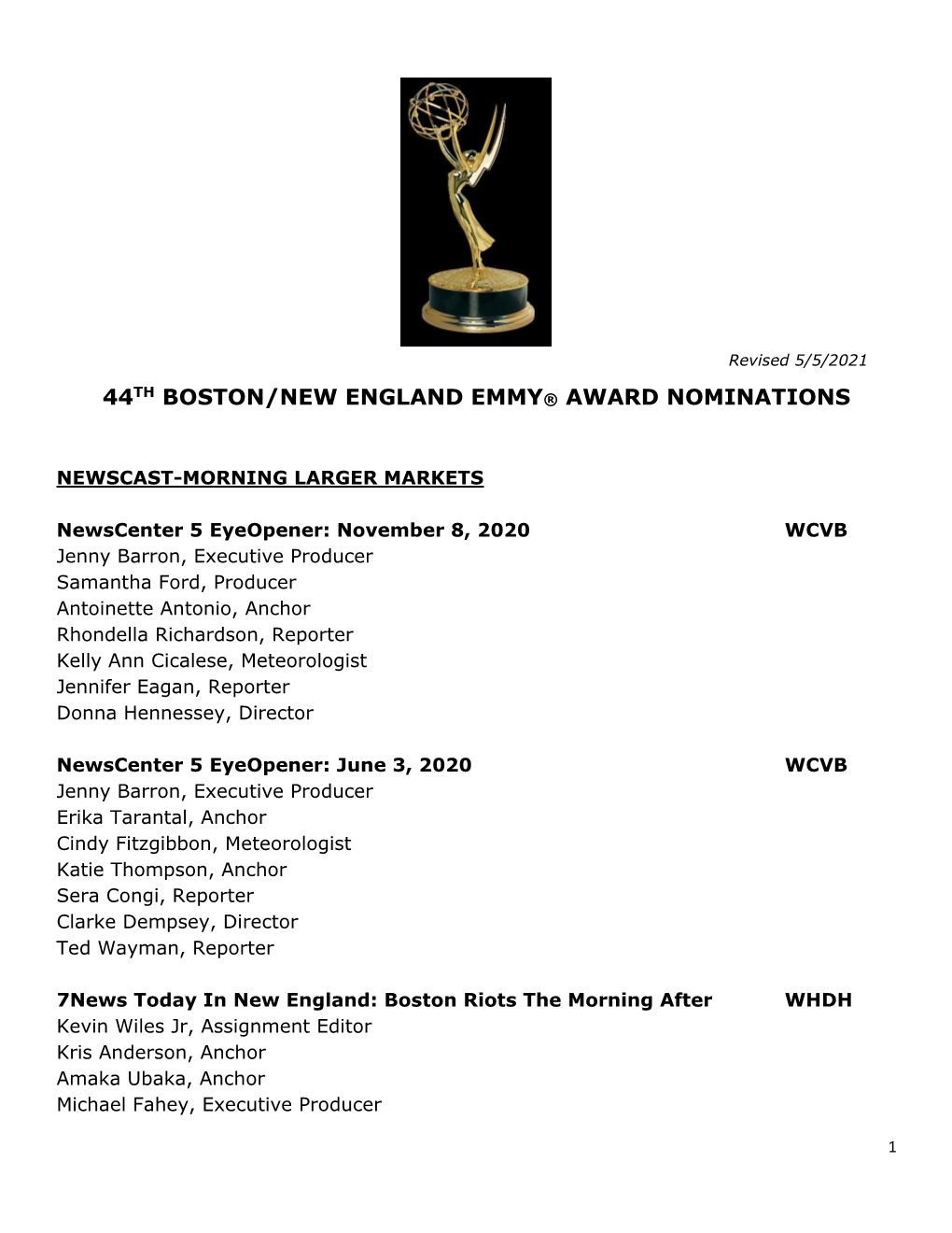 44Th Boston/New England Emmy® Award Nominations