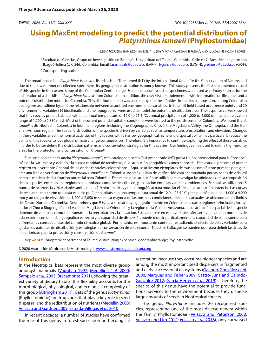 Using Maxent Modeling to Predict the Potential Distribution of Platyrrhinus Ismaeli (Phyllostomidae)