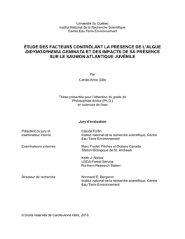 Étude Des Facteurs Contrôlant La Présence De L’Algue Didymosphenia Geminata Et Des Impacts De Sa Présence Sur Le Saumon Atlantique Juvénile