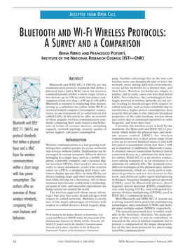 Bluetooth and Wi-Fi Wireless Protocols: a Survey and a Comparison Erina Ferro and Francesco Potorti`, Institute of the National Research Council (Isti—Cnr)