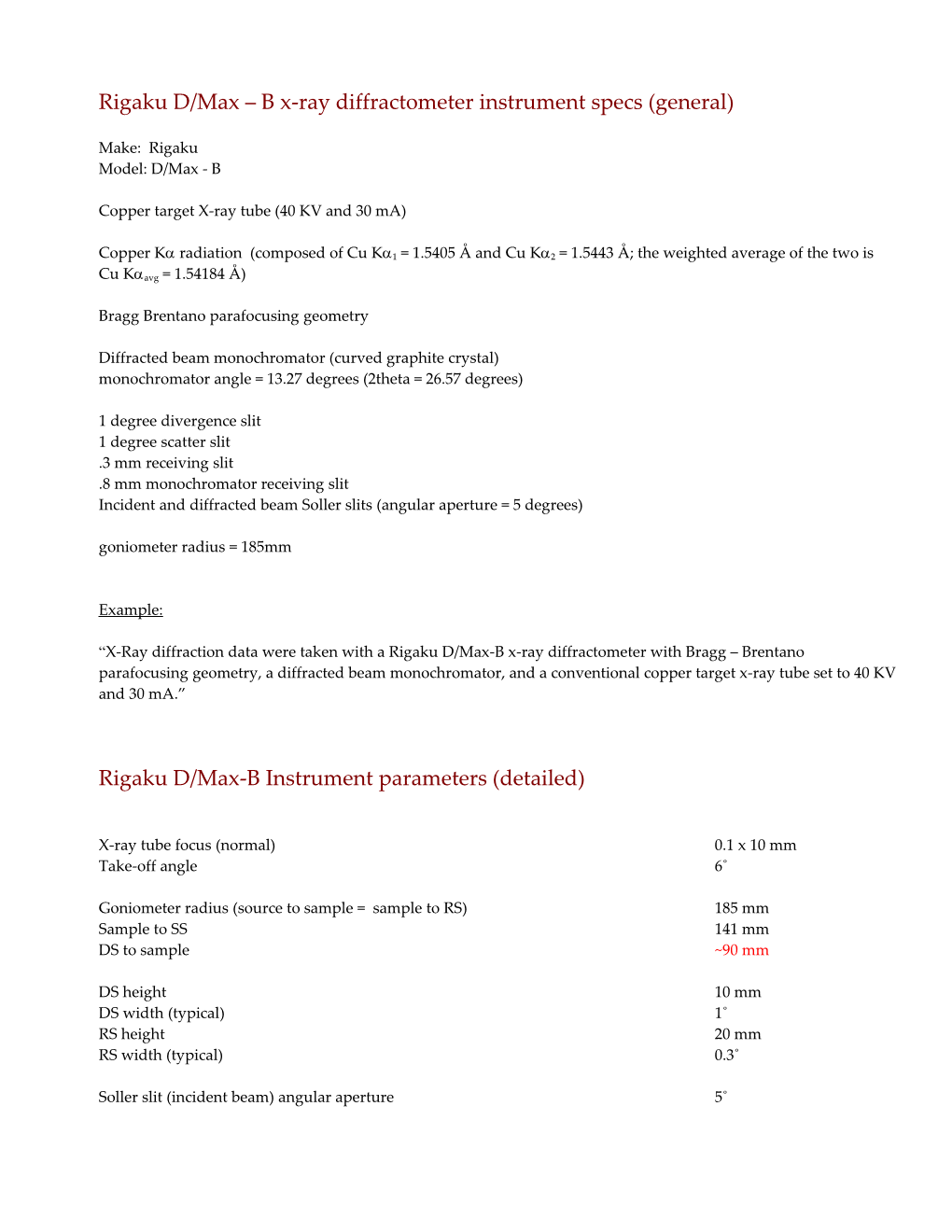 Rigaku D/Max-B Instrument Parameters