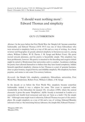 'I Should Want Nothing More': Edward Thomas and Simplicity