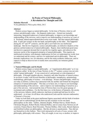 In Praise of Natural Philosophy a Revolution for Thought and Life Nicholas Maxwell to Be Published in Philosophia 40(4), 2012