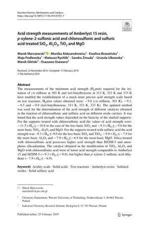 Acid Strength Measurements of Amberlyst 15 Resin, P-Xylene-2