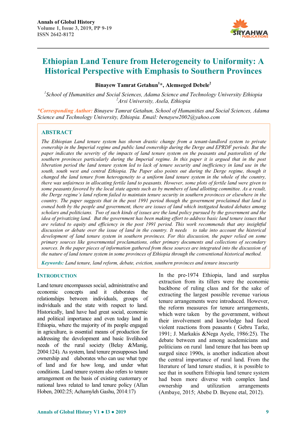 Ethiopian Land Tenure from Heterogeneity to Uniformity: a Historical Perspective with Emphasis to Southern Provinces