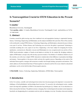 Is Neurocognition Crucial in STEM Education in the Present Scenario? S.Amutha* Bharathidasan University, Tiruchirappalli *Corresponding Author: S