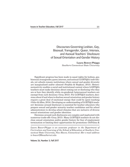 Discourses Governing Lesbian, Gay, Bisexual, Transgender, Queer, Intersex, and Asexual Teachers’ Disclosure of Sexual Orientation and Gender History