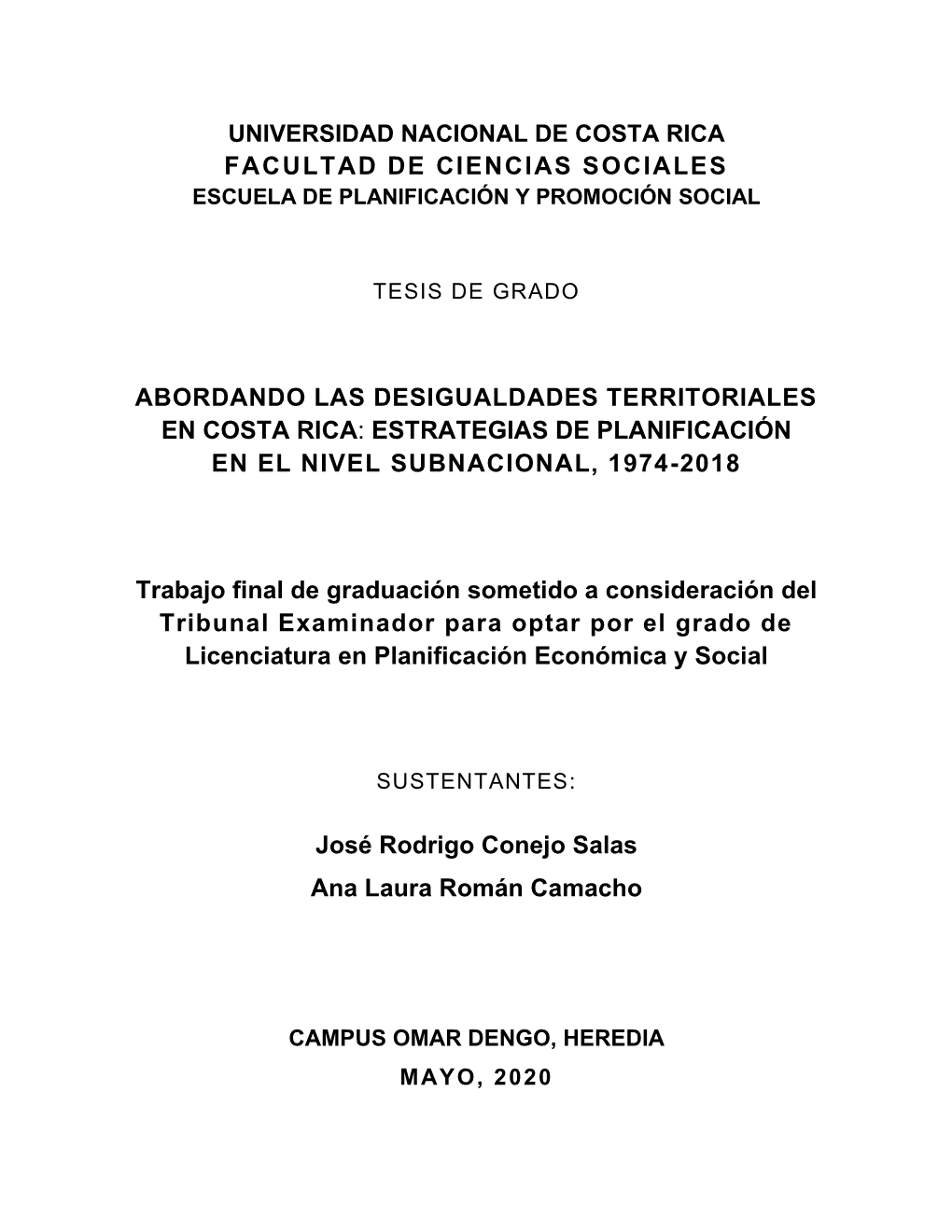 Abordando Las Desigualdades Territoriales En Costa Rica: Estrategias De Planificación En El Nivel Subnacional, 1974-2018