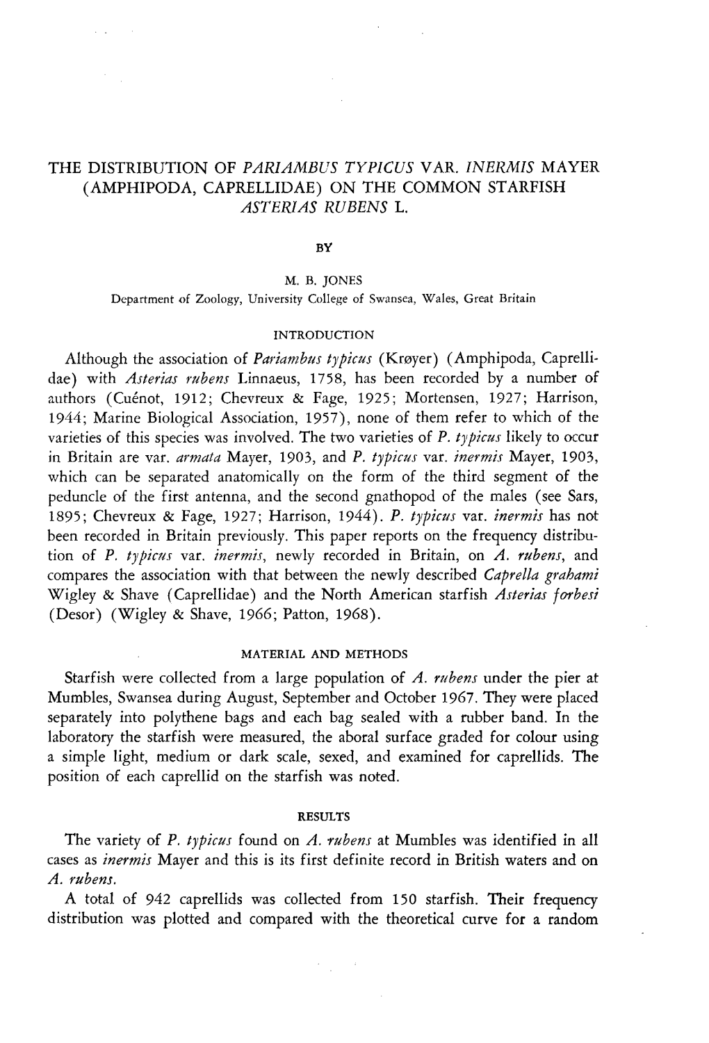 The Distribution of Pariambus Typicus Var. Inermis Mayer (Amphipoda, Caprellidae) on the Common Starfish Asterias Rubens L