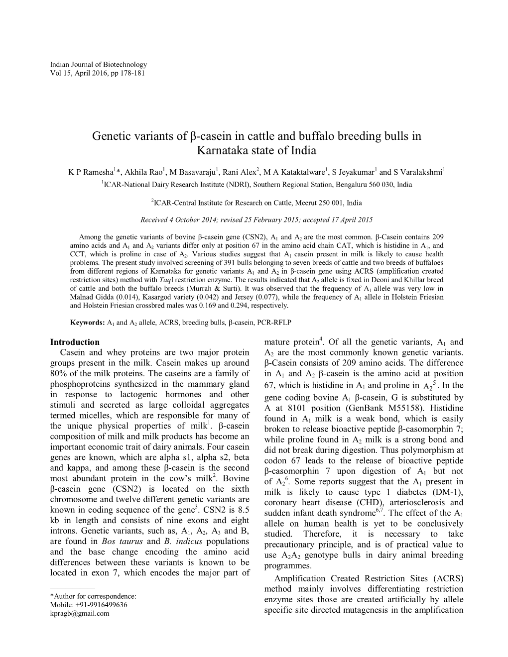 Genetic Variants of Β-Casein in Cattle and Buffalo Breeding Bulls in Karnataka State of India