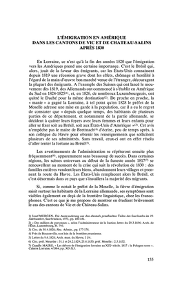 L'émigration EN AMÉRIQUE DANS LES CANTONS DE VIC ET DE CHATEAU-SALINS APRÈS 1830 En Lorraine, Ce N'est Qu'à La Fin Des Anné