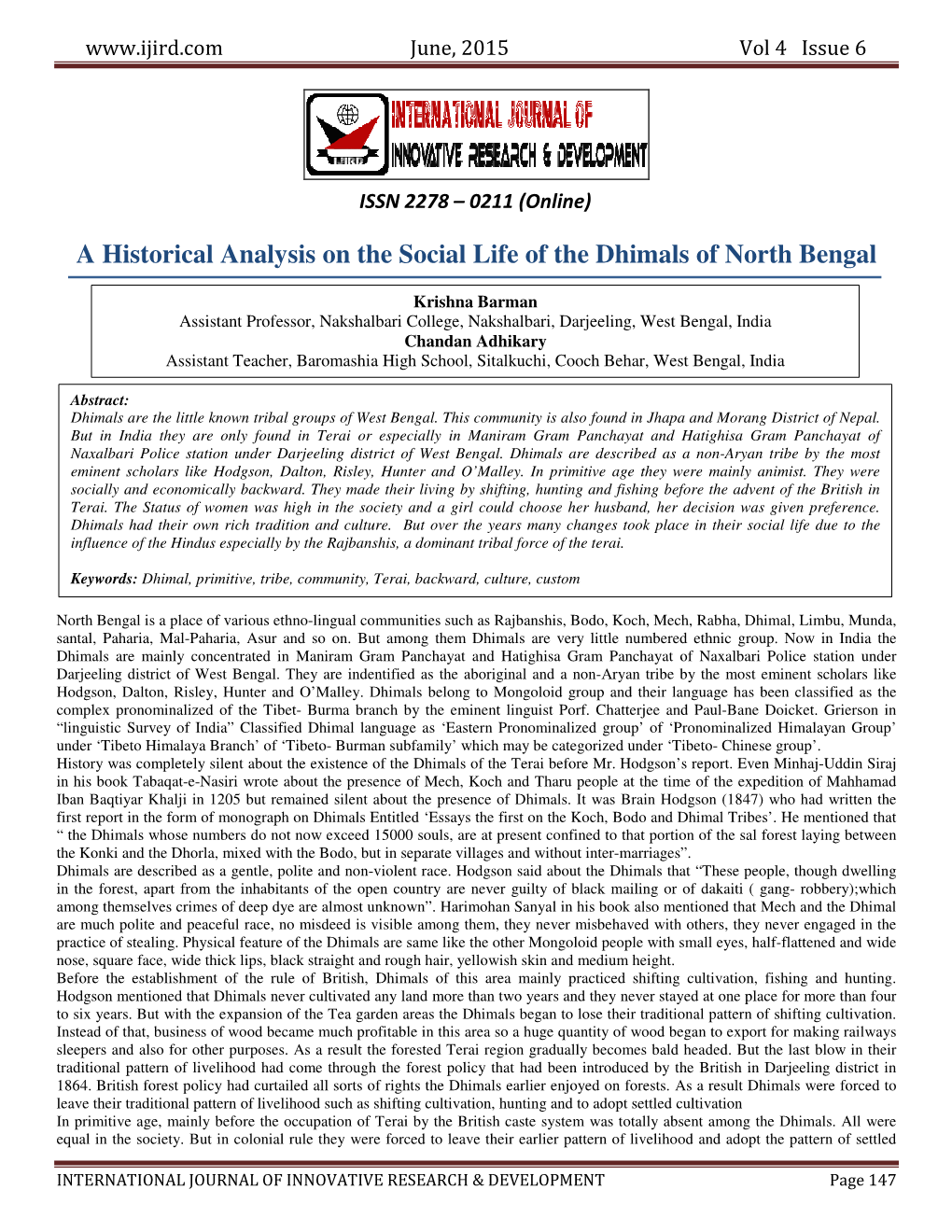 A Historical Analysis on the Social Life of the Dhimals of North Bengal