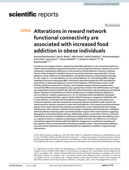 Alterations in Reward Network Functional Connectivity Are Associated with Increased Food Addiction in Obese Individuals Soumya Ravichandran1, Ravi R
