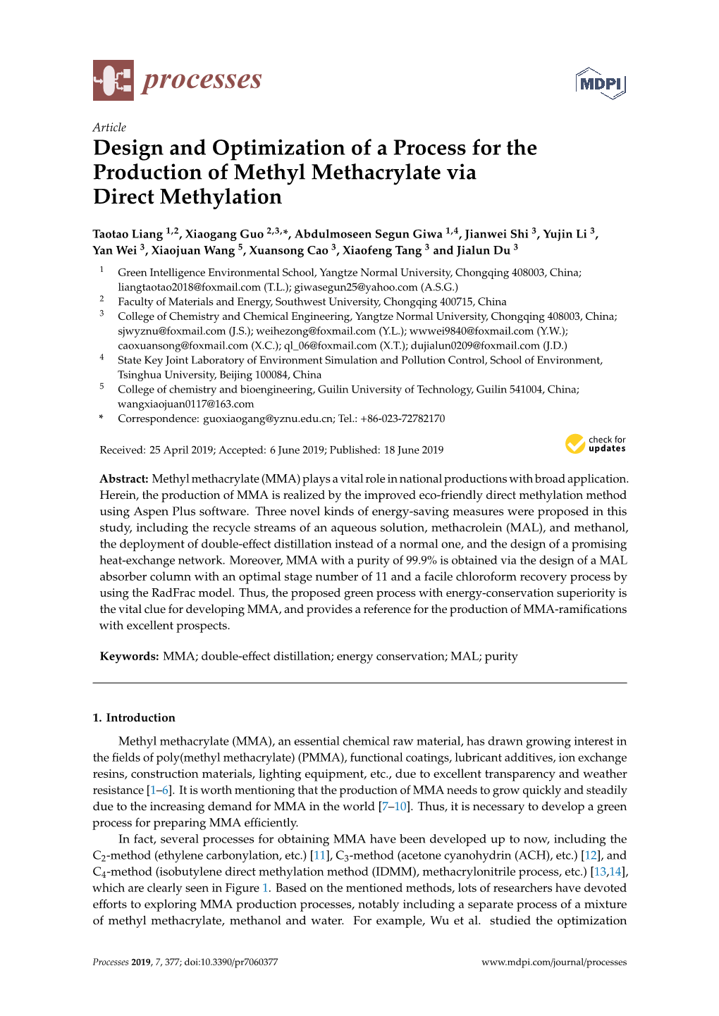Design and Optimization of a Process for the Production of Methyl Methacrylate Via Direct Methylation