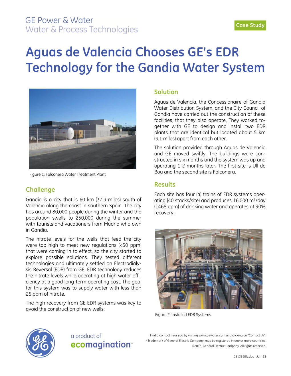 Aguas De Valencia Chooses GE's EDR Technology for the Gandia