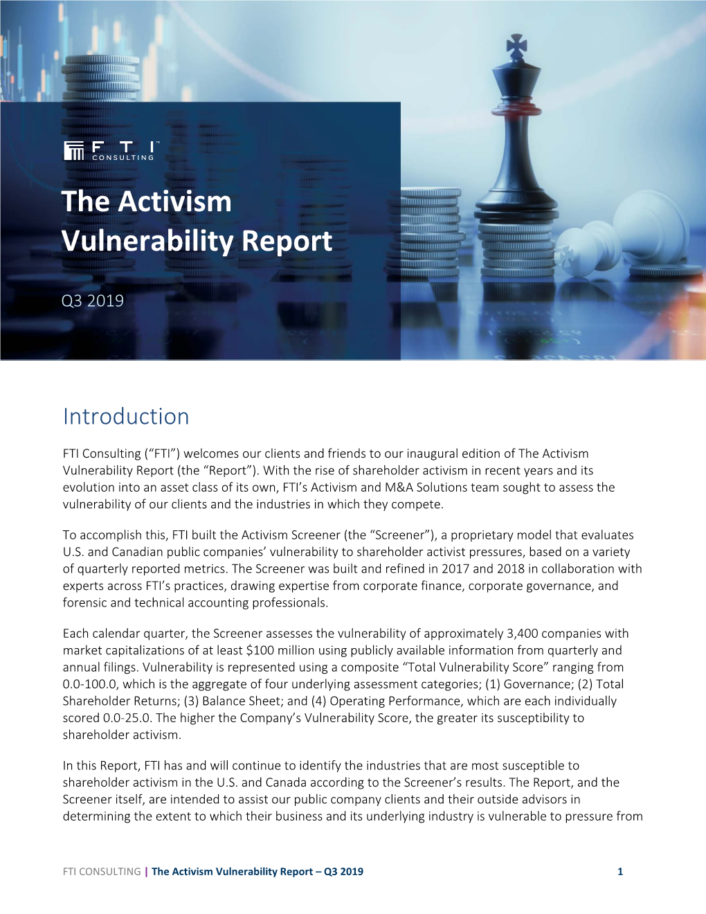 FTI CONSULTING | the Activism Vulnerability Report – Q3 2019 1