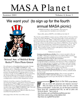 We Want You! (To Sign up for the Fourth Annual MASA Picnic) All MASA Members, Their Families, Their Guests, and Prospective Members Are Welcome!
