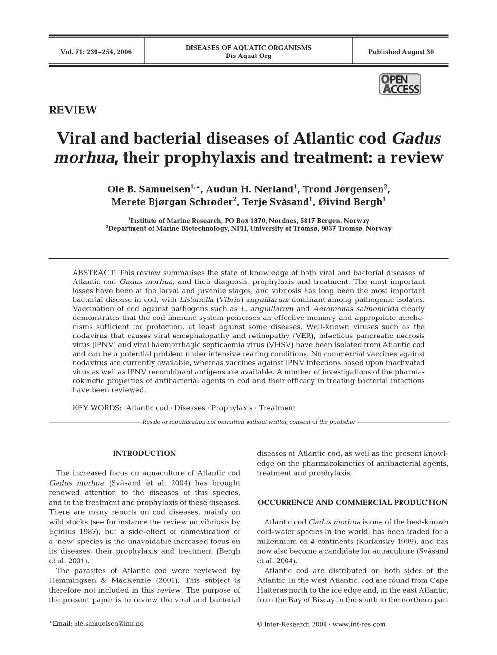 Viral and Bacterial Diseases of Atlantic Cod Gadus Morhua, Their Prophylaxis and Treatment: a Review