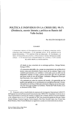 Disidencia, Ascesis Literaria Y Política En Ramón Del Valle-Inclán)