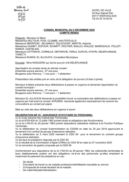 Compte-Rendu Du Conseil Municipal Du 2 Décembre 2020