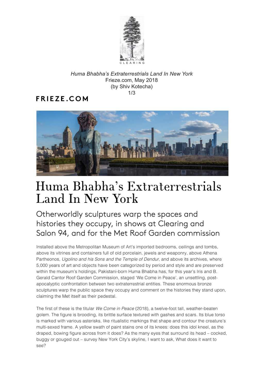 Huma Bhabha's Extraterrestrials Land in New York Frieze.Com, May 2018