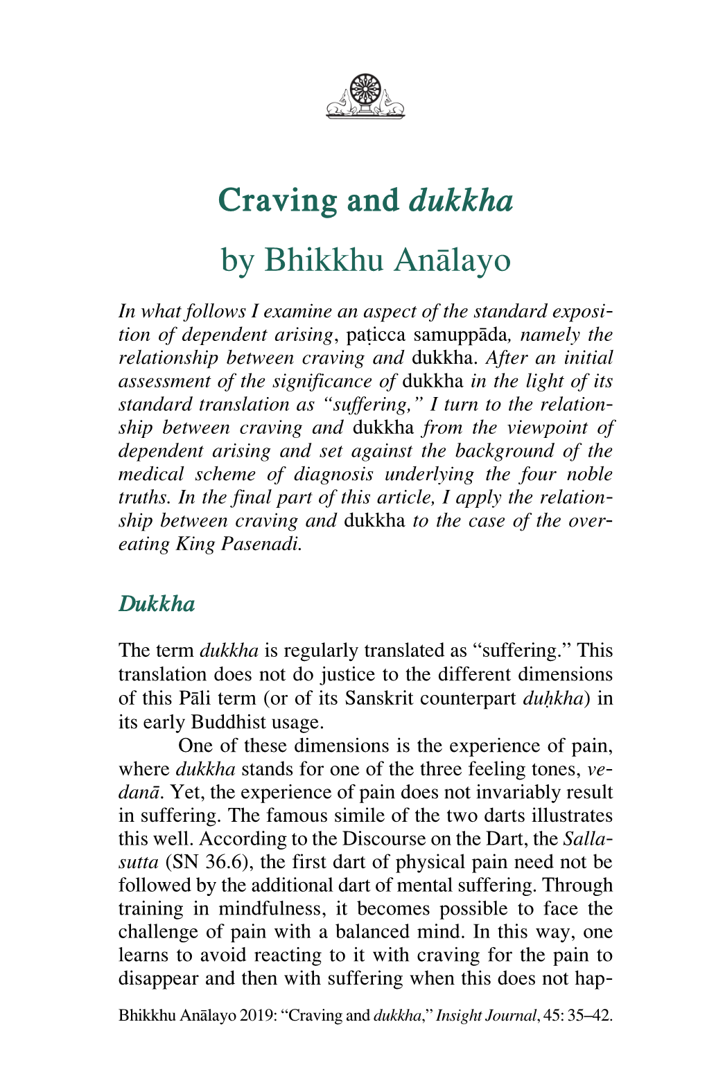 Craving and Dukkha by Bhikkhu Anālayo