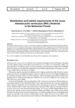 Distribution and Habitat Requirements of the Moss Hamatocaulis Vernicosus (Mitt.) Hedenäs in the Bohemian Forest