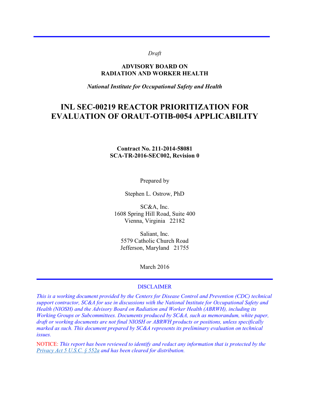 Inl Sec-00219 Reactor Prioritization for Evaluation of Oraut-Otib-0054 Applicability