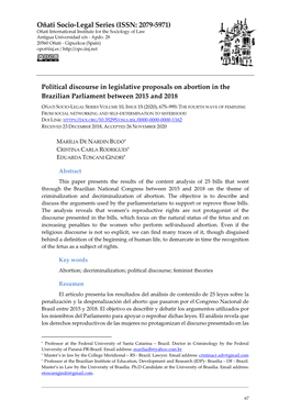 Political Discourse in Legislative Proposals on Abortion in the Brazilian Parliament Between 2015 and 2018