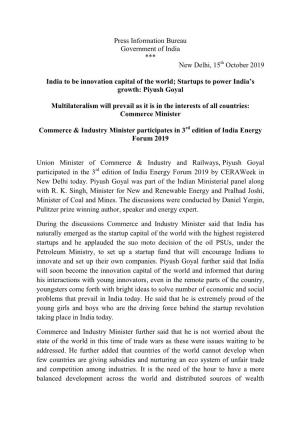 Press Information Bureau Government of India *** New Delhi, 15 October